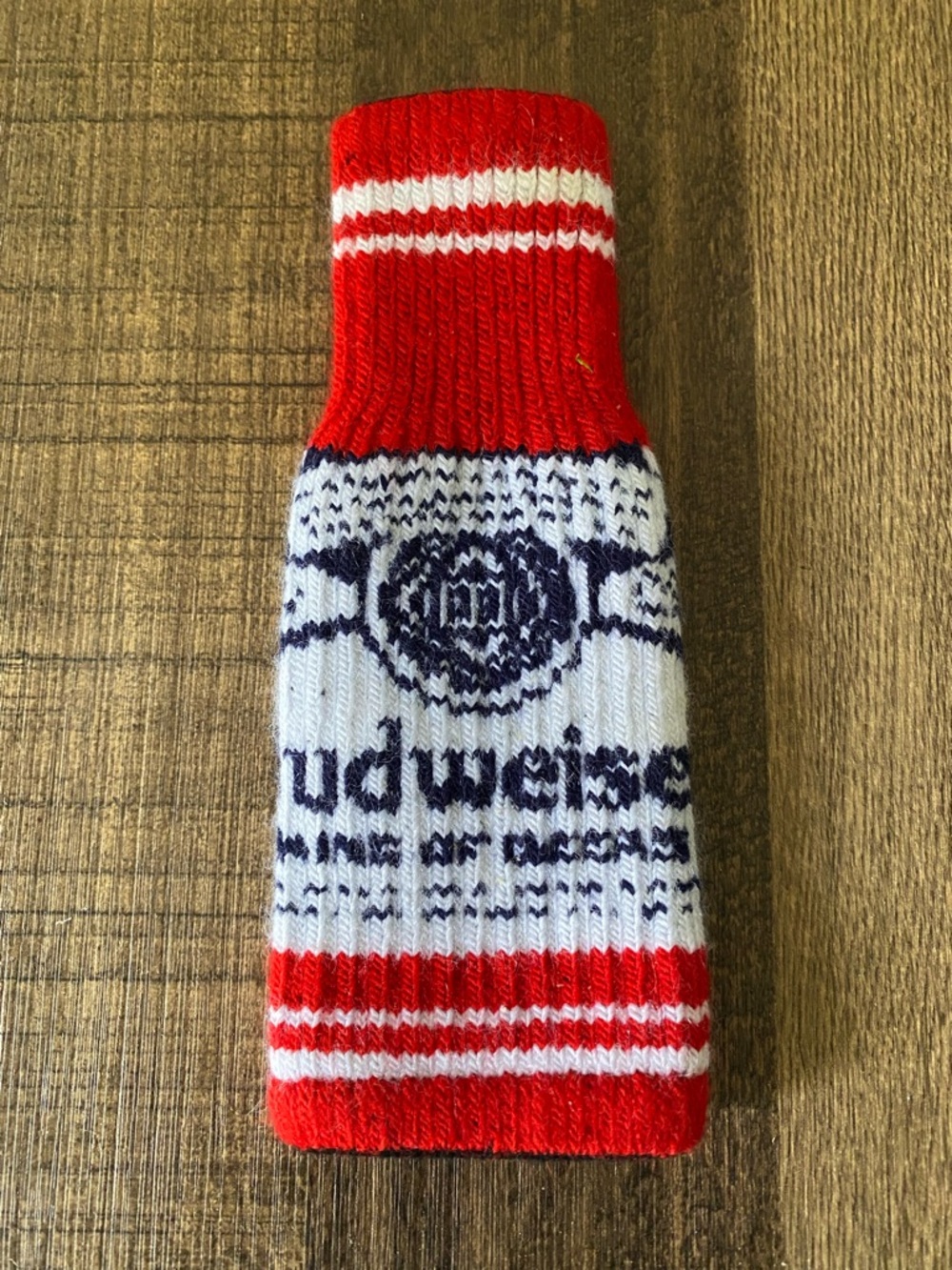 Budweiser Red White and Navy Knit Bottle Sleeve